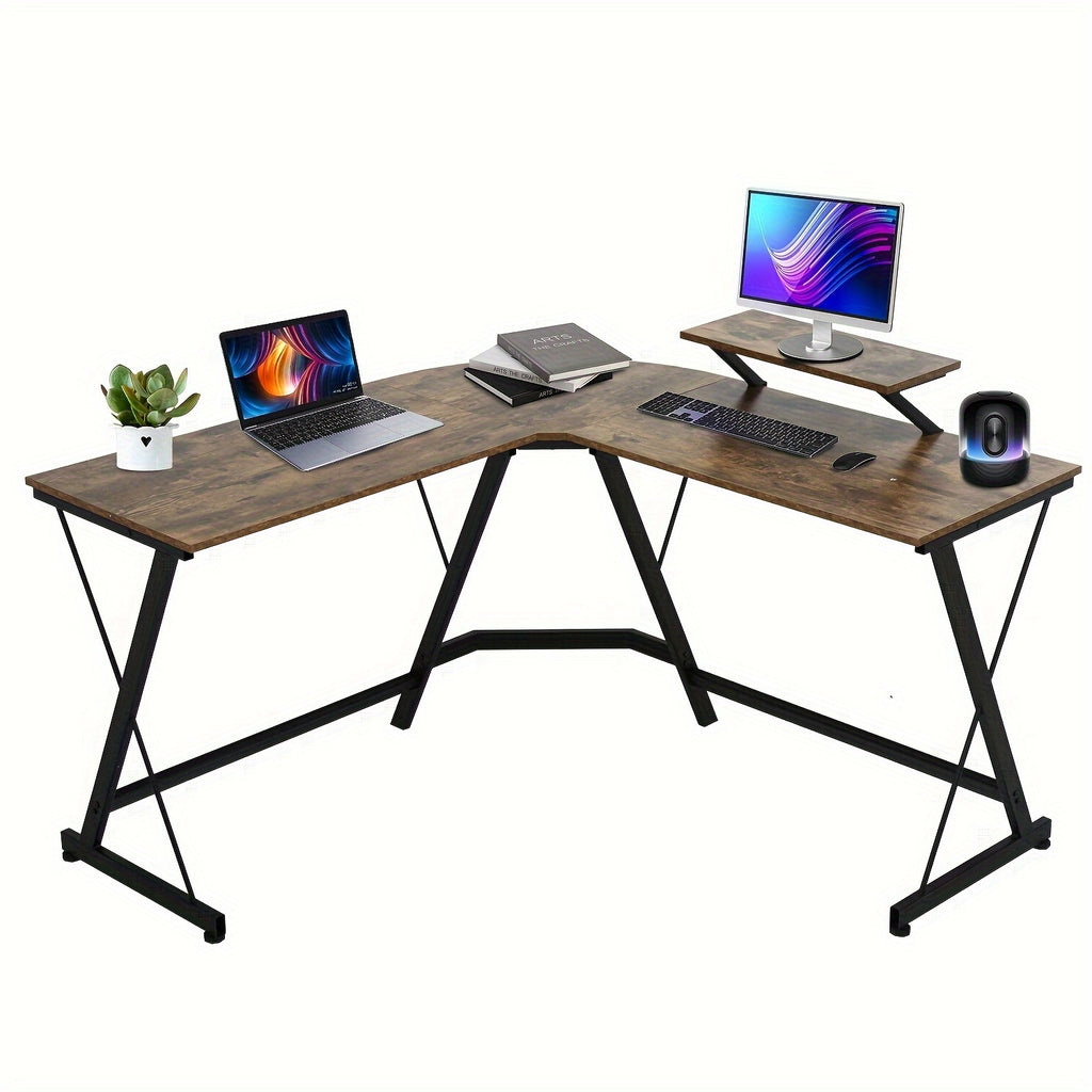 L Shaped Gaming Desk Computer Corner Desk PC Gaming Desk Table With Large Monitor Riser Stand For Home Office Sturdy Writing Workstation