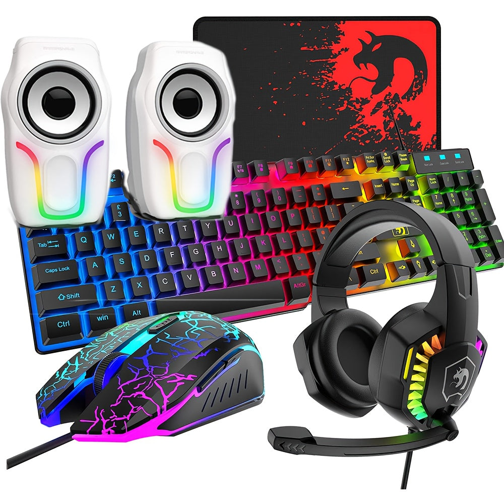 MAMBASNAKE Wired 104 Keys Gaming Keyboard Mouse Headphone Speaker 5in1 Combo with Multi RGB Backlight 2400DPI Mice Large Mouse Pad for Computer PC Gaming Mac PS4 Xbox One for new year gift