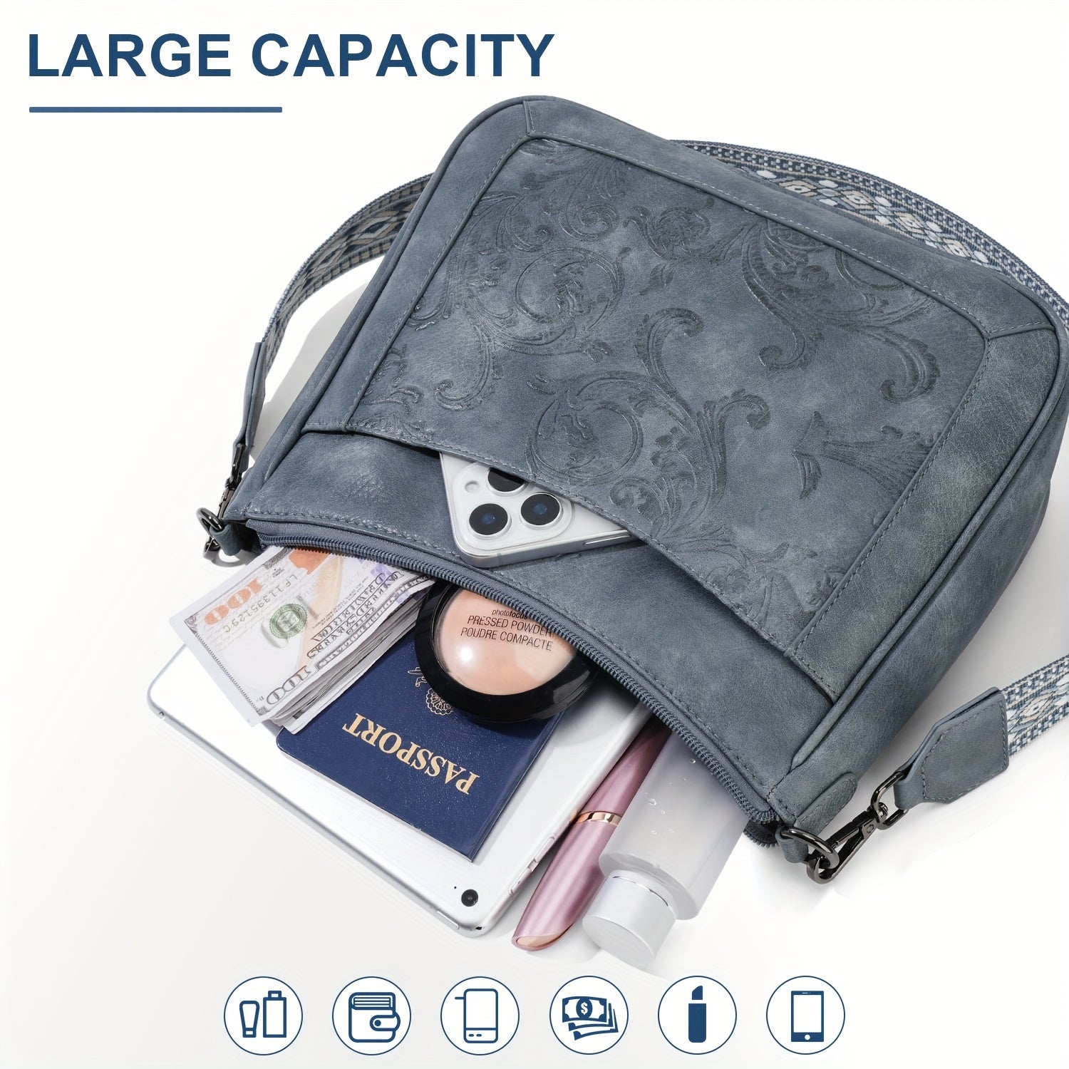 Embossed Crossbody Handbags Shoulder Bags For Women - Everyday Purse With Adjustable Strap - Ladies Bag