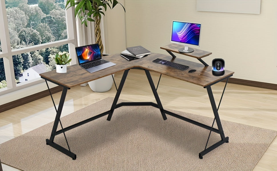 L Shaped Gaming Desk Computer Corner Desk PC Gaming Desk Table With Large Monitor Riser Stand For Home Office Sturdy Writing Workstation