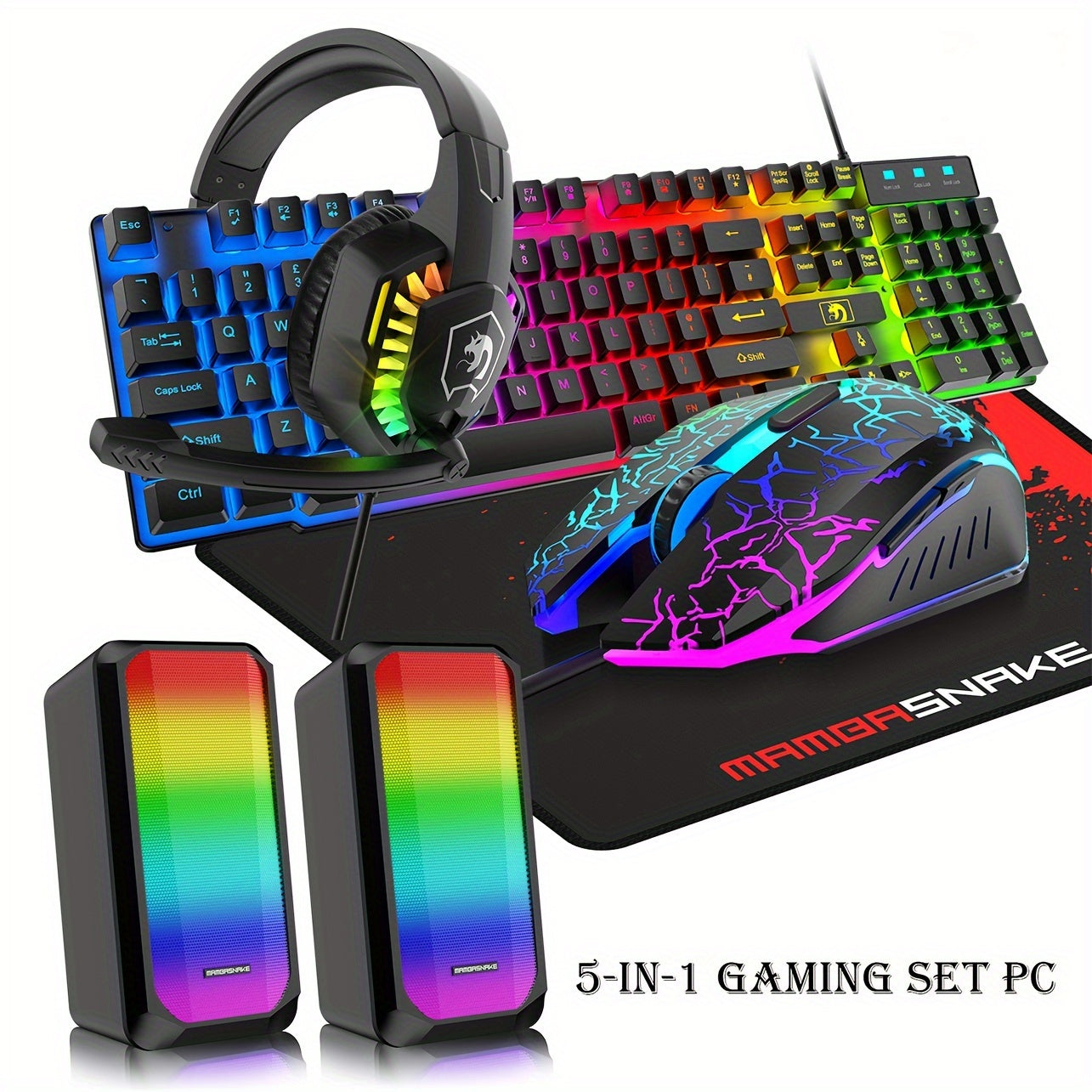 MAMBASNAKE Wired 104 Keys Gaming Keyboard Mouse Headphone Speaker 5in1 Combo with Multi RGB Backlight 2400DPI Mice Large Mouse Pad for Computer PC Gaming Mac PS4 Xbox One for new year gift
