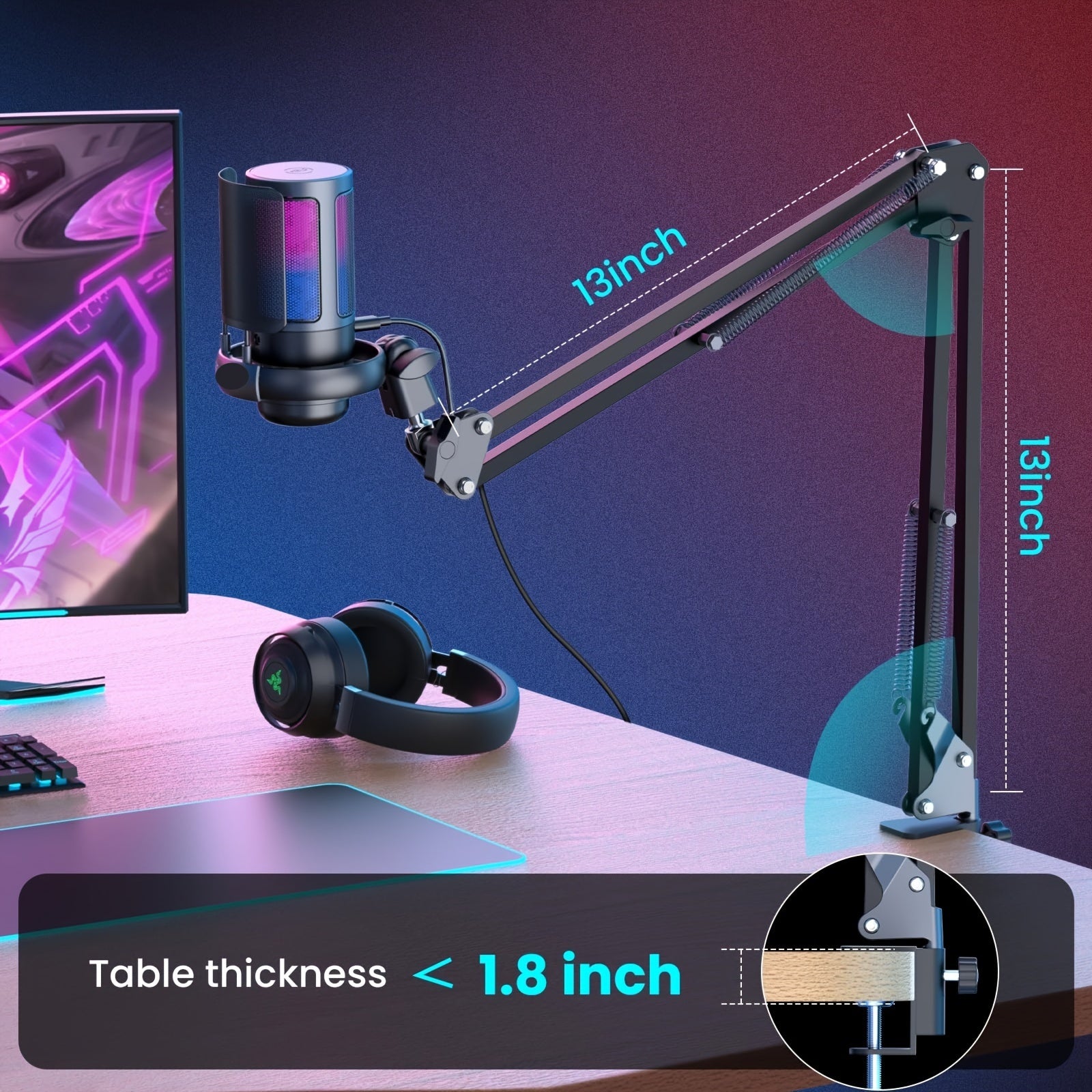 Gooermi Game USB Microphone, RGB Condenser Microphone With Tripod, Volume Adjustment And Mute Button Function, Compatible With Computers, Laptops, Games, Podcasts, Streaming