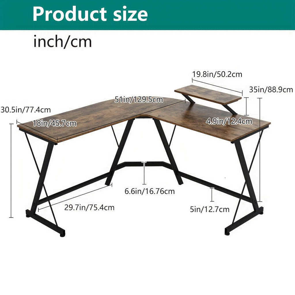 L Shaped Gaming Desk Computer Corner Desk PC Gaming Desk Table With Large Monitor Riser Stand For Home Office Sturdy Writing Workstation