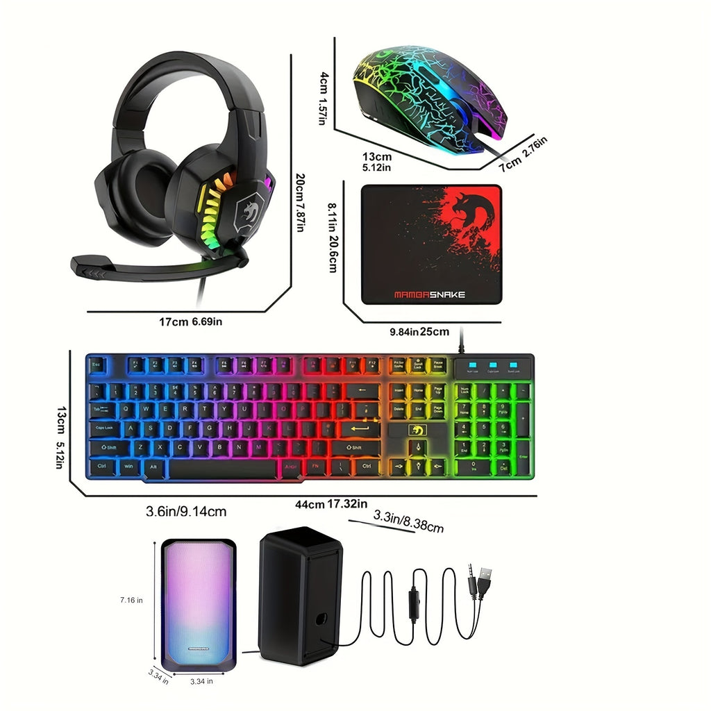 MAMBASNAKE Wired 104 Keys Gaming Keyboard Mouse Headphone Speaker 5in1 Combo with Multi RGB Backlight 2400DPI Mice Large Mouse Pad for Computer PC Gaming Mac PS4 Xbox One for new year gift
