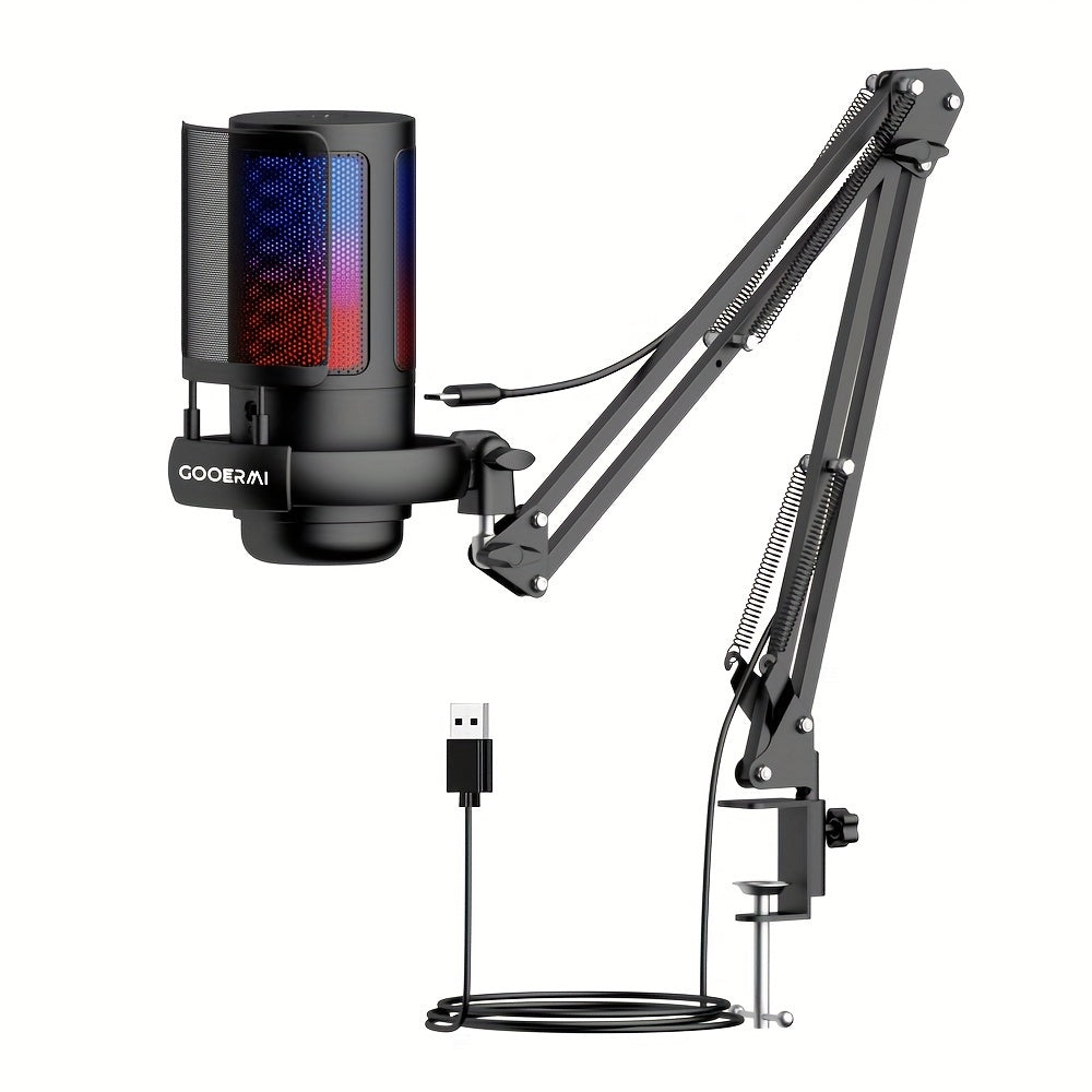 Gooermi Game USB Microphone, RGB Condenser Microphone With Tripod, Volume Adjustment And Mute Button Function, Compatible With Computers, Laptops, Games, Podcasts, Streaming