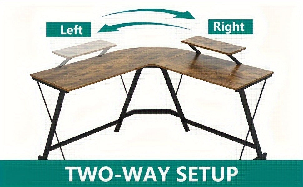 L Shaped Gaming Desk Computer Corner Desk PC Gaming Desk Table With Large Monitor Riser Stand For Home Office Sturdy Writing Workstation