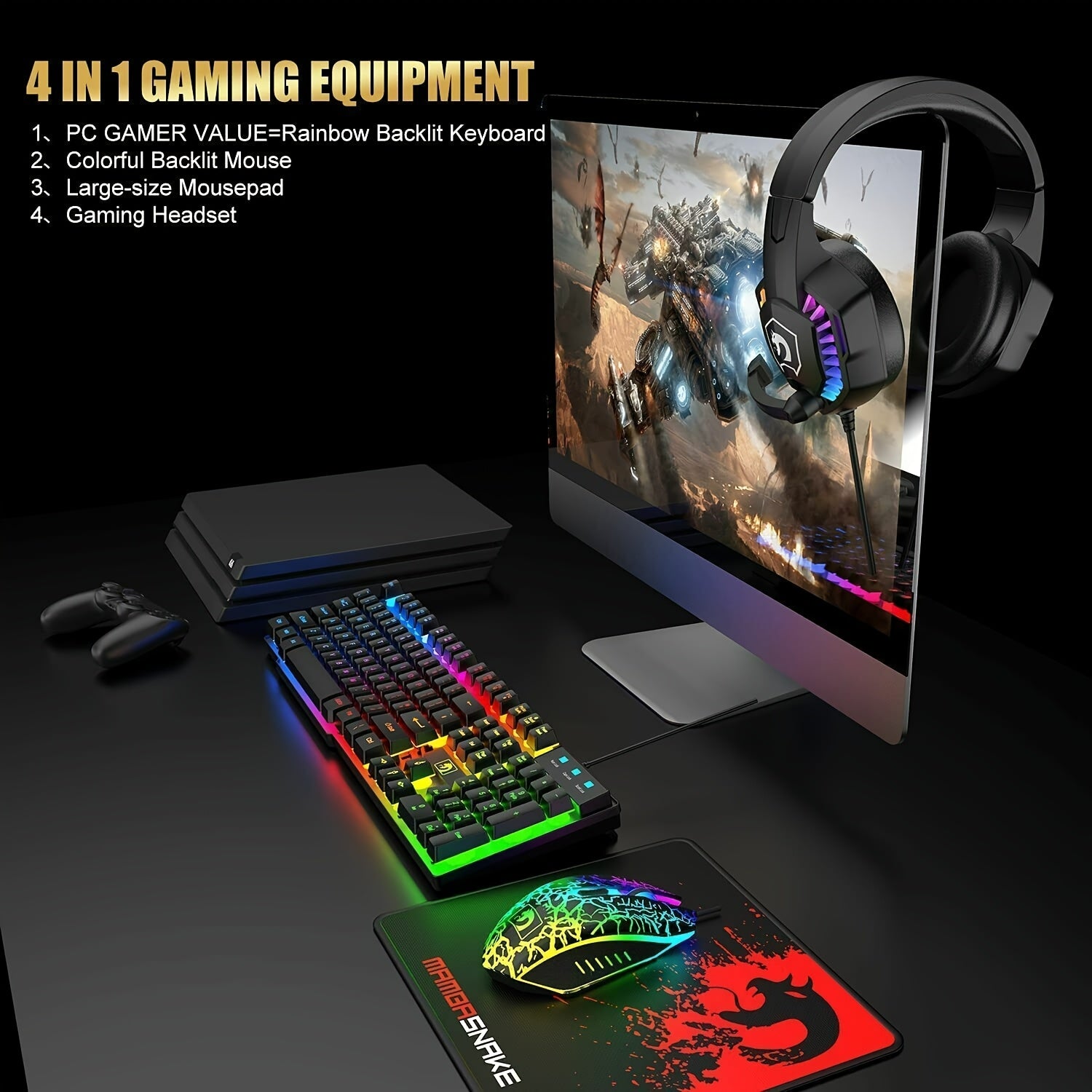 MAMBASNAKE Wired 104 Keys Gaming Keyboard Mouse Headphone Speaker 5in1 Combo with Multi RGB Backlight 2400DPI Mice Large Mouse Pad for Computer PC Gaming Mac PS4 Xbox One for new year gift
