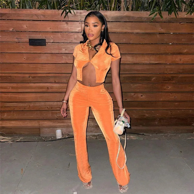 WY8976 Fall 2022 Women Clothes Crop Tops Two Piece Pant Set Orange Women Casual Outfits