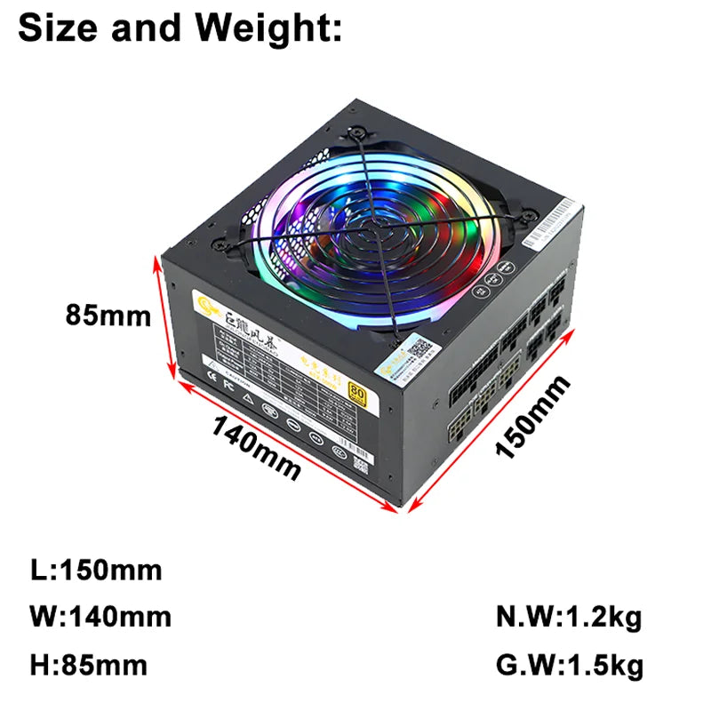 JULONGFENGBAO 600W APFC ATX Fully Modular RGB 12cm Fan PC Gaming Computer Power Supply 80Plus Standard for Server Desktop PSU