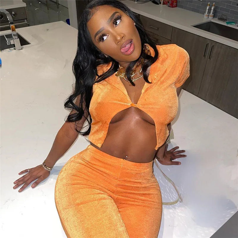 WY8976 Fall 2022 Women Clothes Crop Tops Two Piece Pant Set Orange Women Casual Outfits