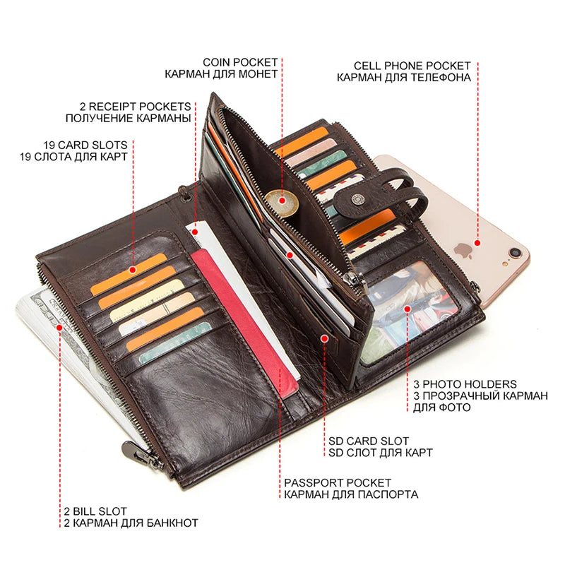 CONTACT'S Genuine Leather Men Wallet Long Clutch Wallets for Cell Phone Women Coin Purse Travel Money Bag Male Passport Holder