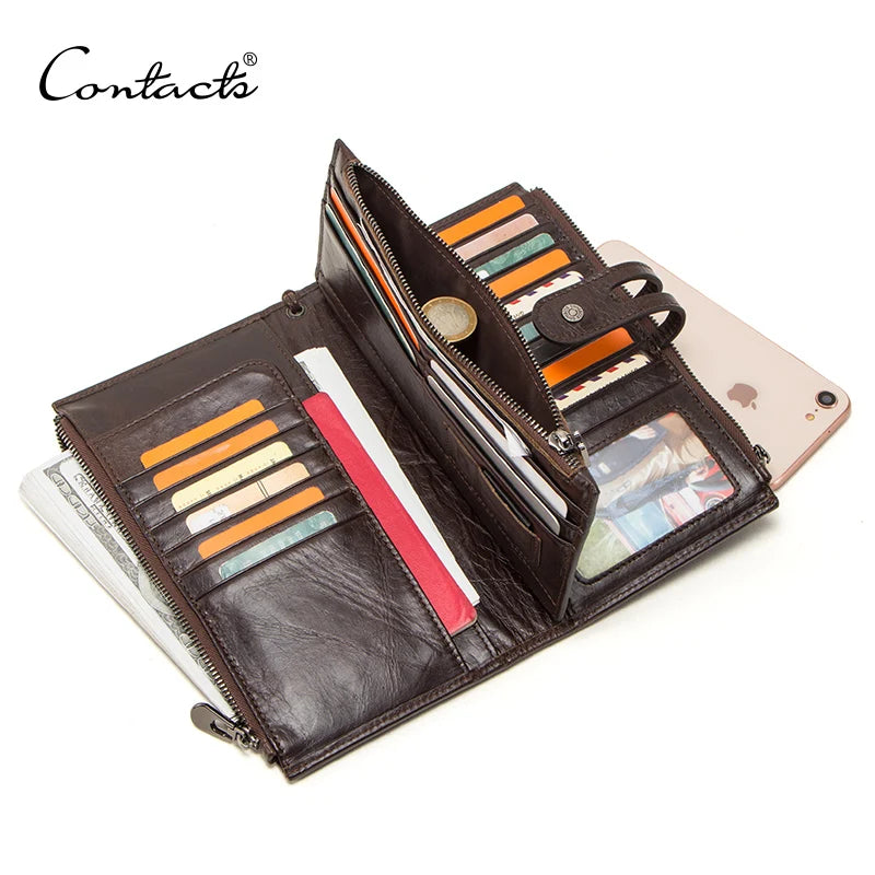 CONTACT'S Genuine Leather Men Wallet Long Clutch Wallets for Cell Phone Women Coin Purse Travel Money Bag Male Passport Holder
