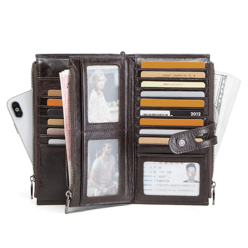 CONTACT'S Genuine Leather Men Wallet Long Clutch Wallets for Cell Phone Women Coin Purse Travel Money Bag Male Passport Holder