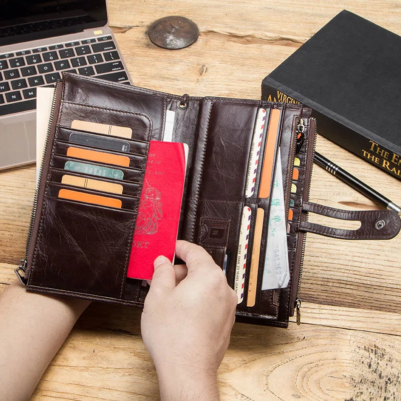 CONTACT'S Genuine Leather Men Wallet Long Clutch Wallets for Cell Phone Women Coin Purse Travel Money Bag Male Passport Holder