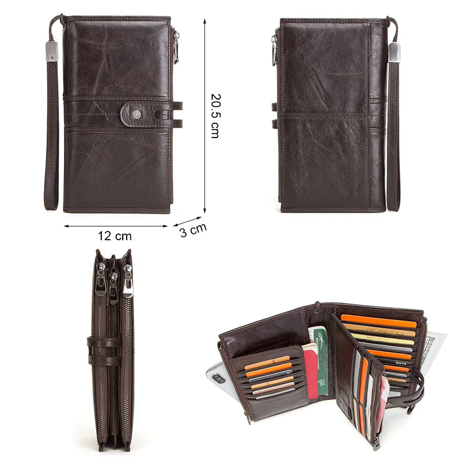 CONTACT'S Genuine Leather Men Wallet Long Clutch Wallets for Cell Phone Women Coin Purse Travel Money Bag Male Passport Holder