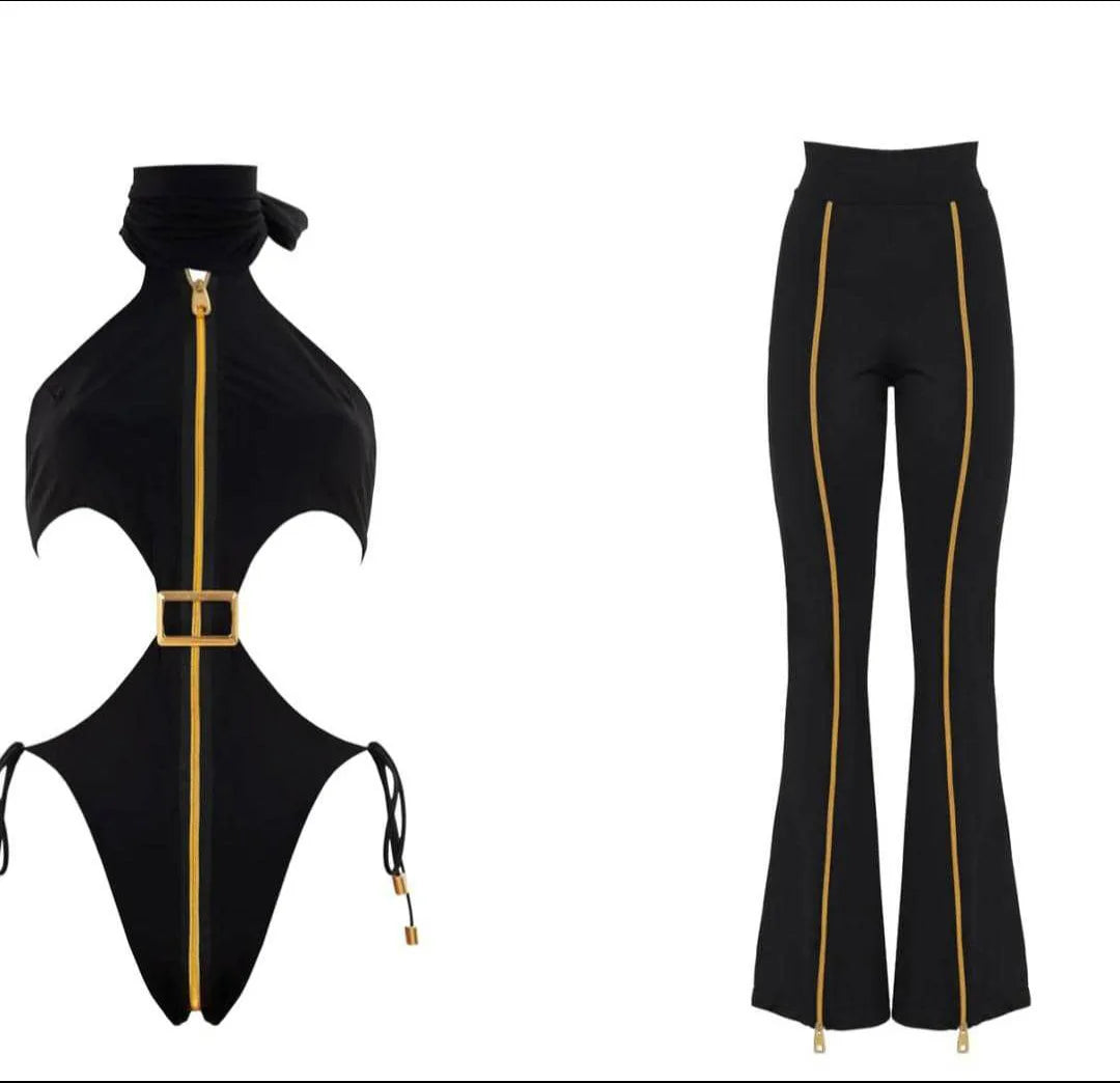 Women Clothes Elegant Hollow Out Two Piece Set Fashion Bodysuit Casual Suits