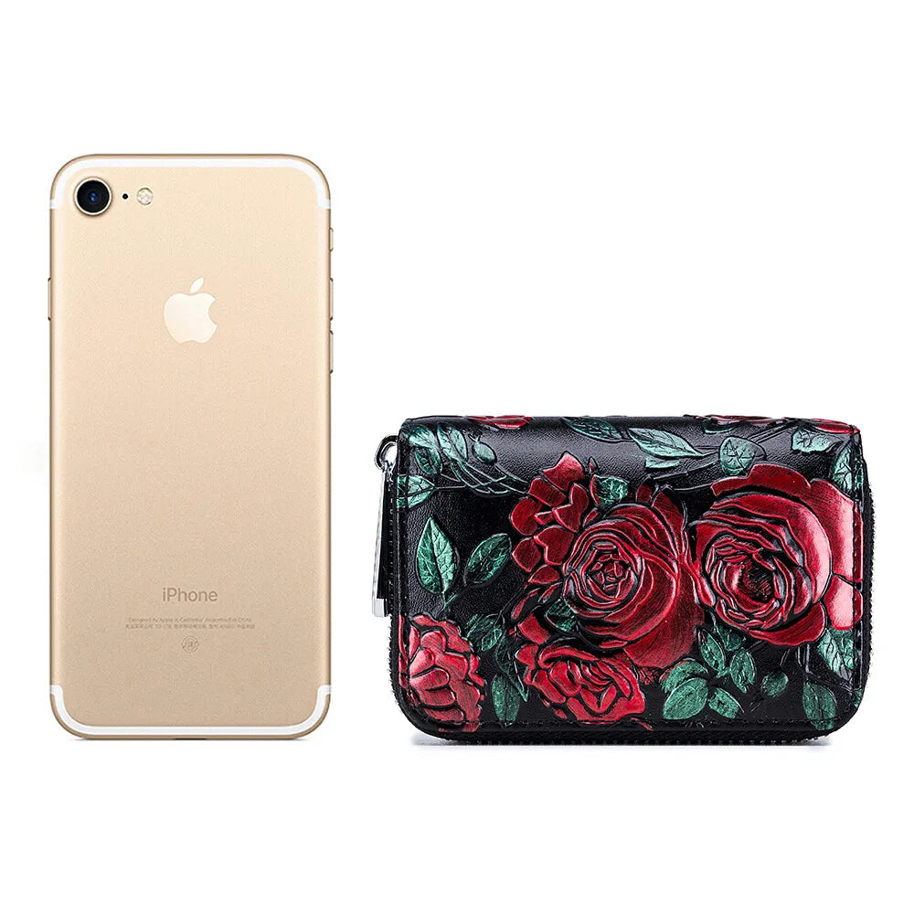 RFID Blocking Women Card Holder Split Leather Double Zipper Card Case Large Capacity Flower Printed Lady Women Wallets Purse