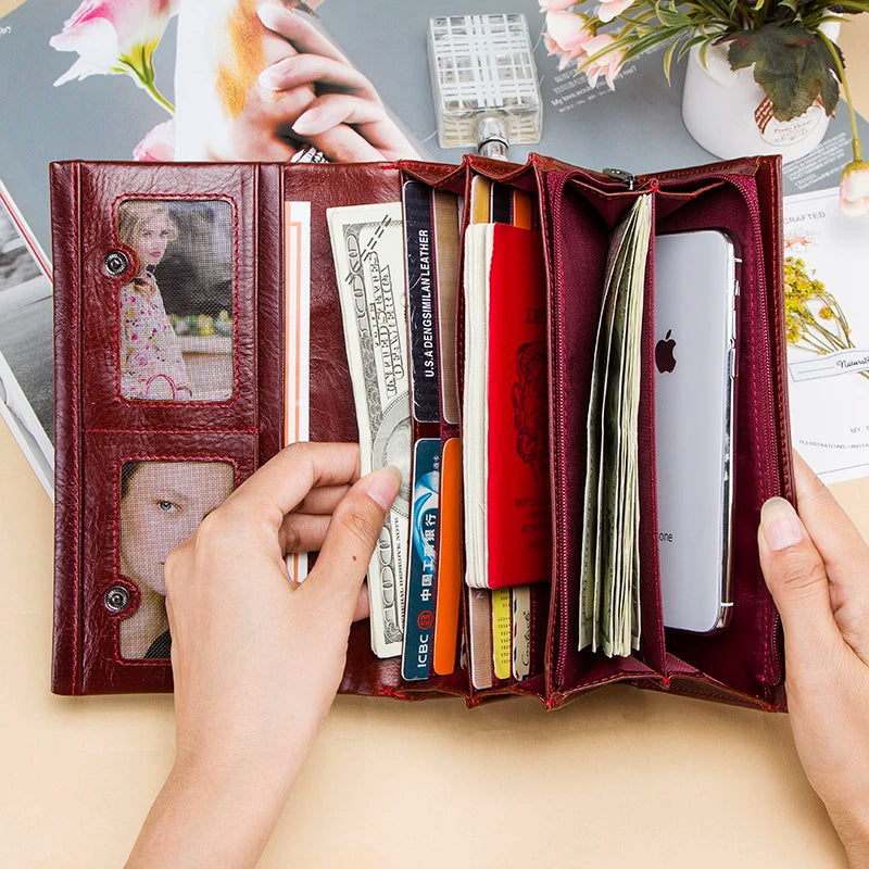 Contact's Women Wallets Multi-functional Clutch Genuine Leather Wallet Female Hasp Fashion Dollar Price Long Purse Card Holder