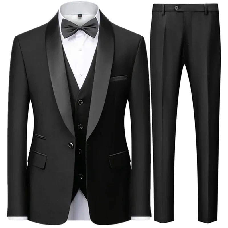 3 PiecesMen Mariage Color Block Collar Suits Jacket Trousers Waistcoat Male Business Casual Wedding Blazers Coat Vest Pants  Set