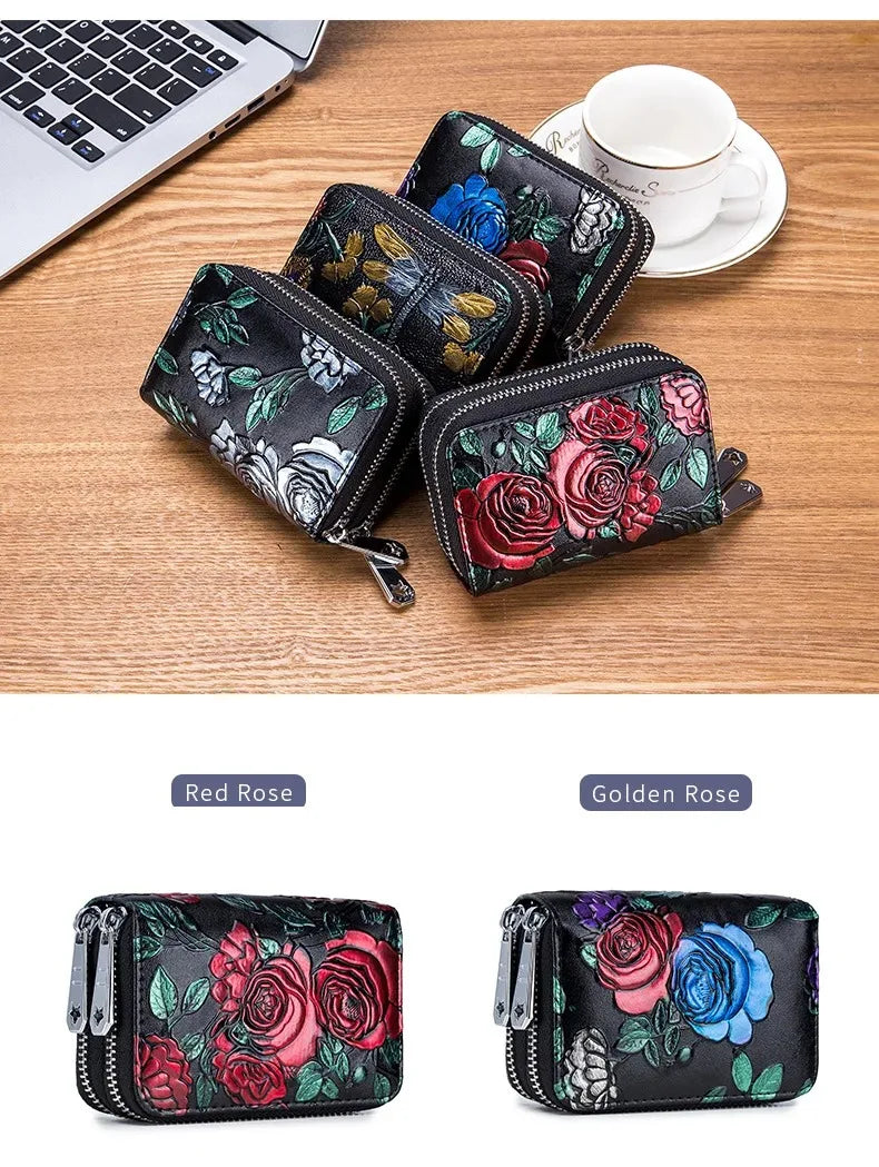 RFID Blocking Women Card Holder Split Leather Double Zipper Card Case Large Capacity Flower Printed Lady Women Wallets Purse