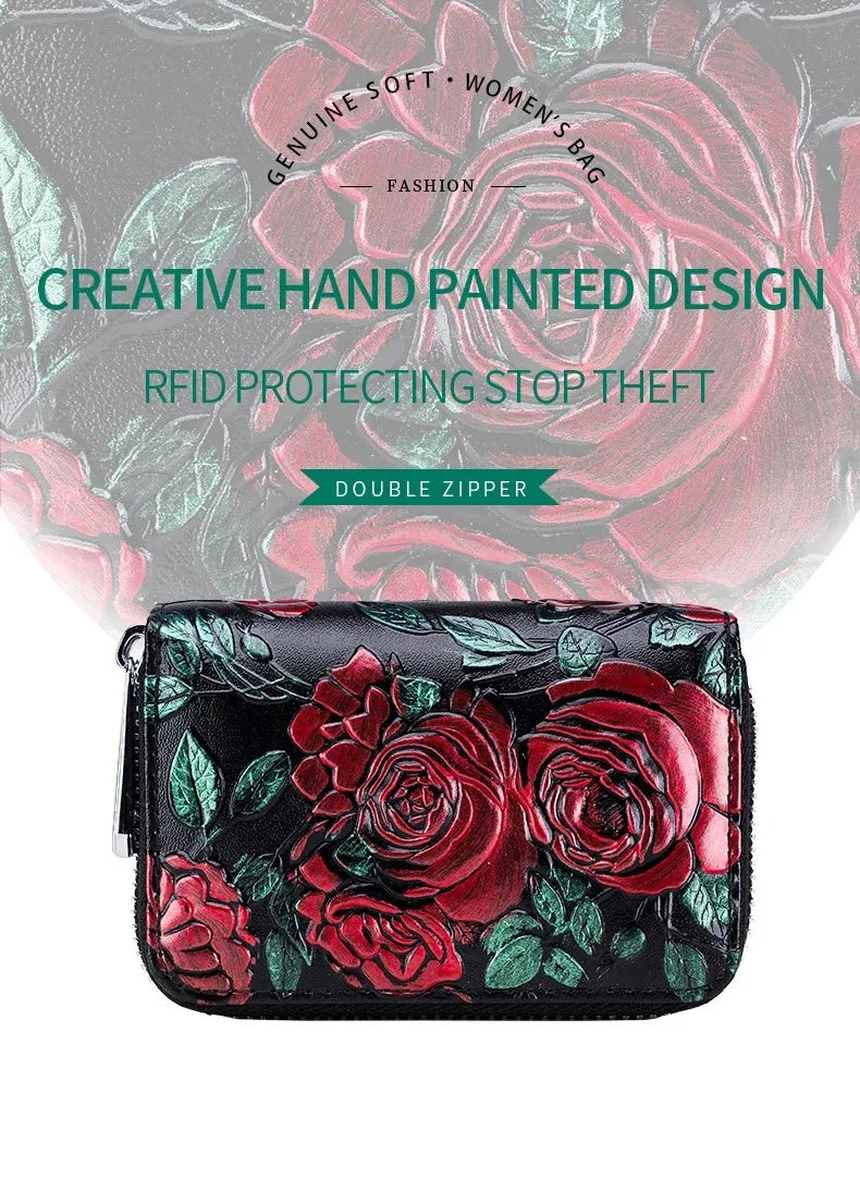 RFID Blocking Women Card Holder Split Leather Double Zipper Card Case Large Capacity Flower Printed Lady Women Wallets Purse