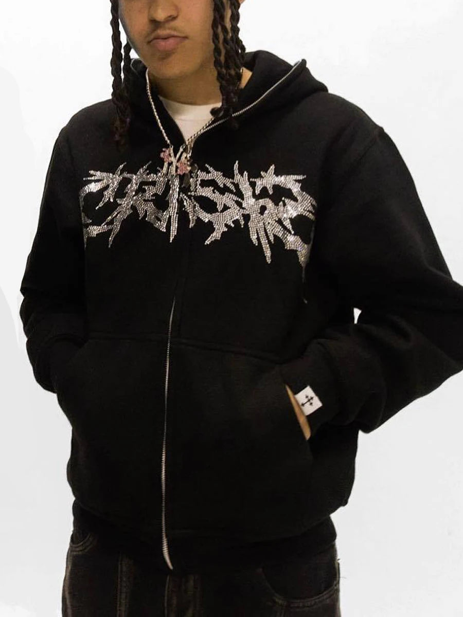 Men Women Hoodie Long Sleeve Hot Fix Drill Zipper Closure Sweatshirt Jacket with Pockets
