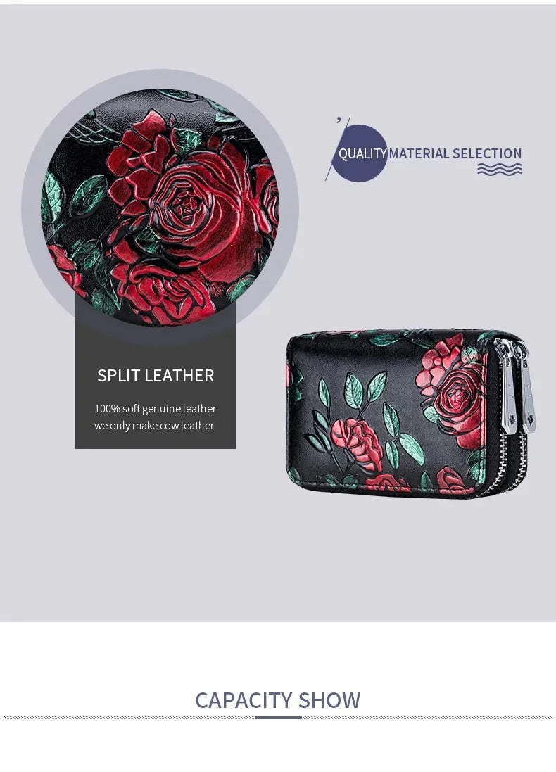 RFID Blocking Women Card Holder Split Leather Double Zipper Card Case Large Capacity Flower Printed Lady Women Wallets Purse