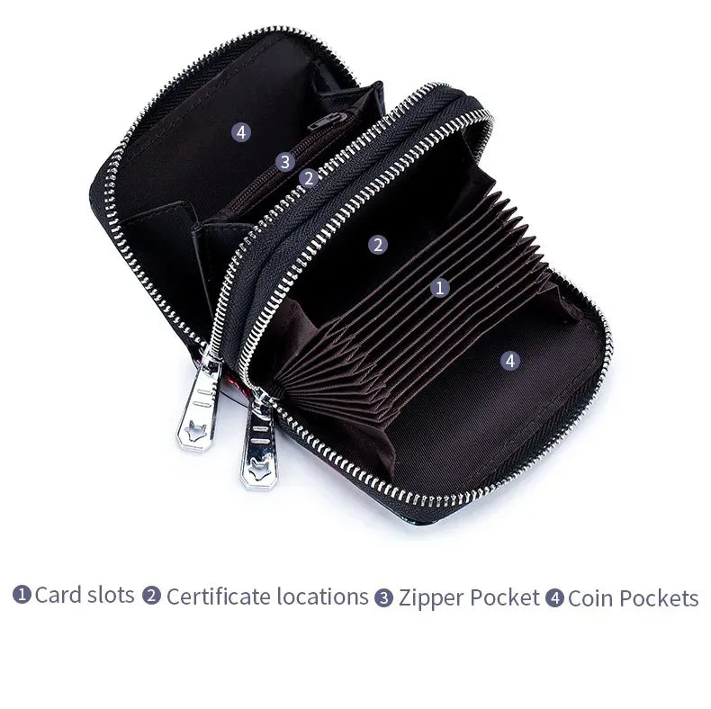 RFID Blocking Women Card Holder Split Leather Double Zipper Card Case Large Capacity Flower Printed Lady Women Wallets Purse