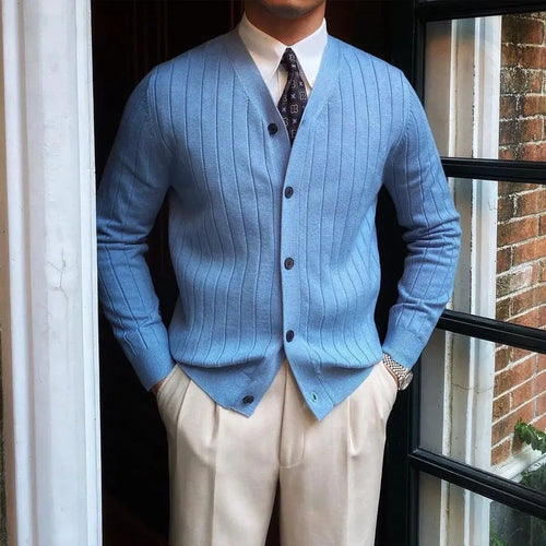 Autumn Winter Men's Business Casual V Neck Cardigan Solid Color Knit Sweatercoat Male Slim Fit Long Sleeve Knitted Sweater Tops