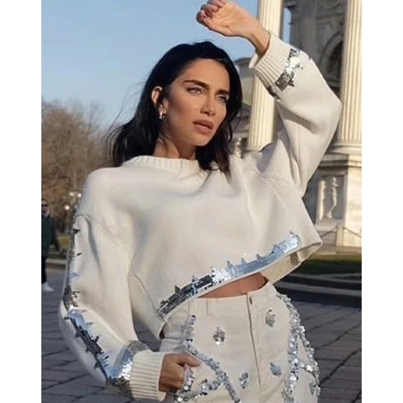 Spring Women Sequin Knitted Sweater Casual Cropped Top Round Neck Long Sleeved Pullover Knitted Hoodies Fashion Chic Outerwear