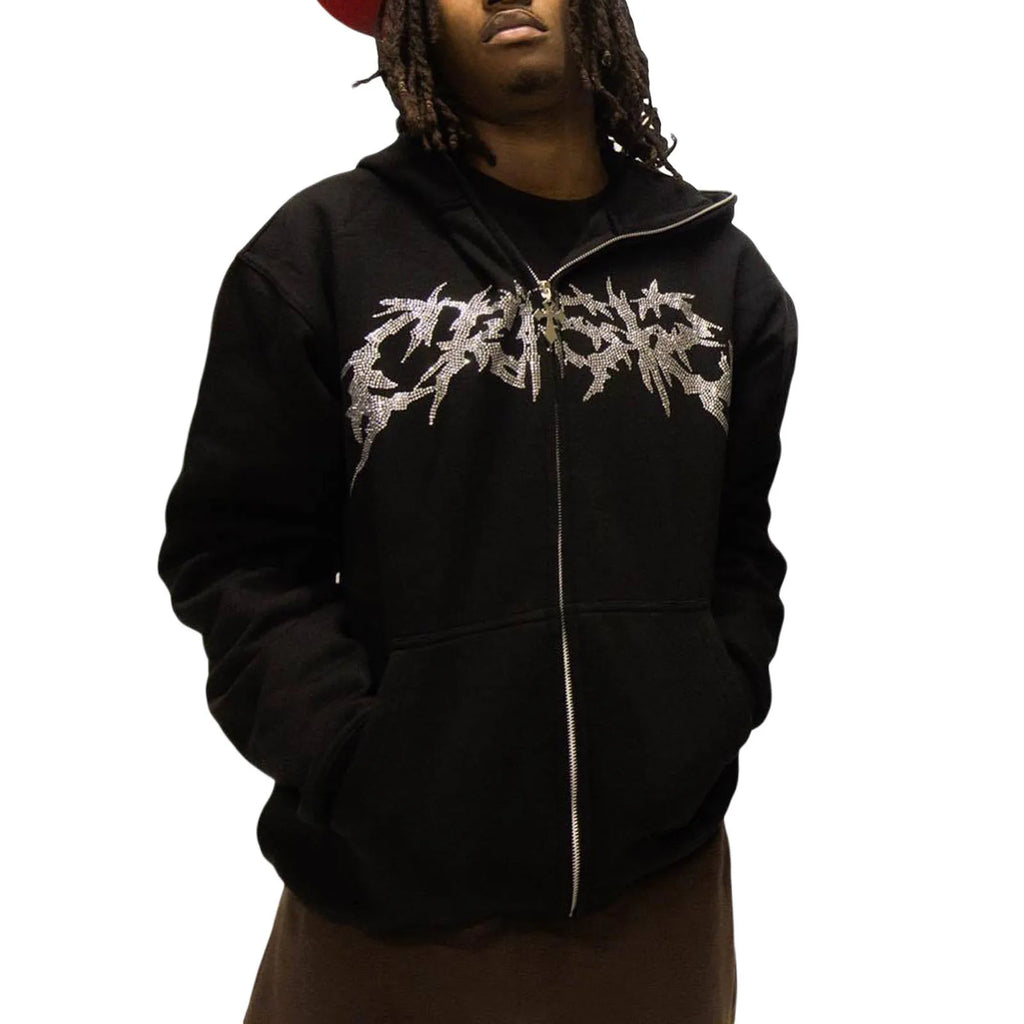 Men Women Hoodie Long Sleeve Hot Fix Drill Zipper Closure Sweatshirt Jacket with Pockets