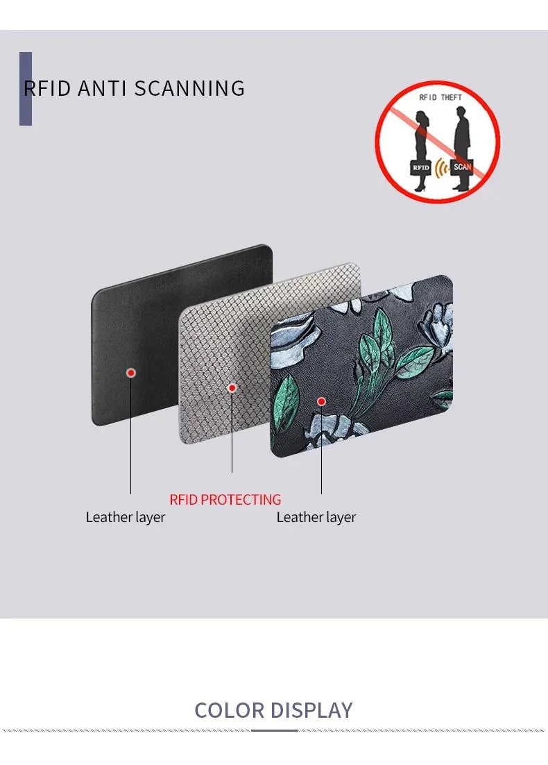 RFID Blocking Women Card Holder Split Leather Double Zipper Card Case Large Capacity Flower Printed Lady Women Wallets Purse