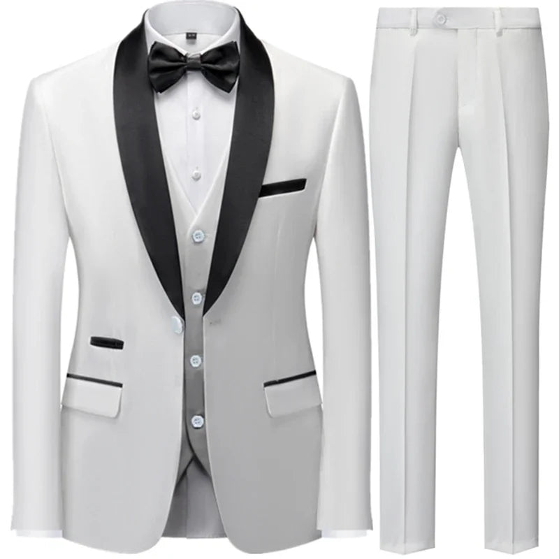 3 PiecesMen Mariage Color Block Collar Suits Jacket Trousers Waistcoat Male Business Casual Wedding Blazers Coat Vest Pants  Set