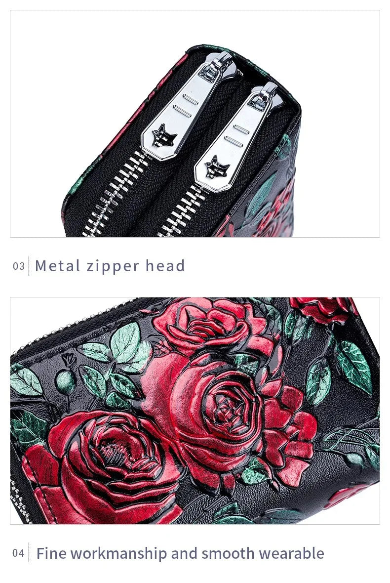 RFID Blocking Women Card Holder Split Leather Double Zipper Card Case Large Capacity Flower Printed Lady Women Wallets Purse