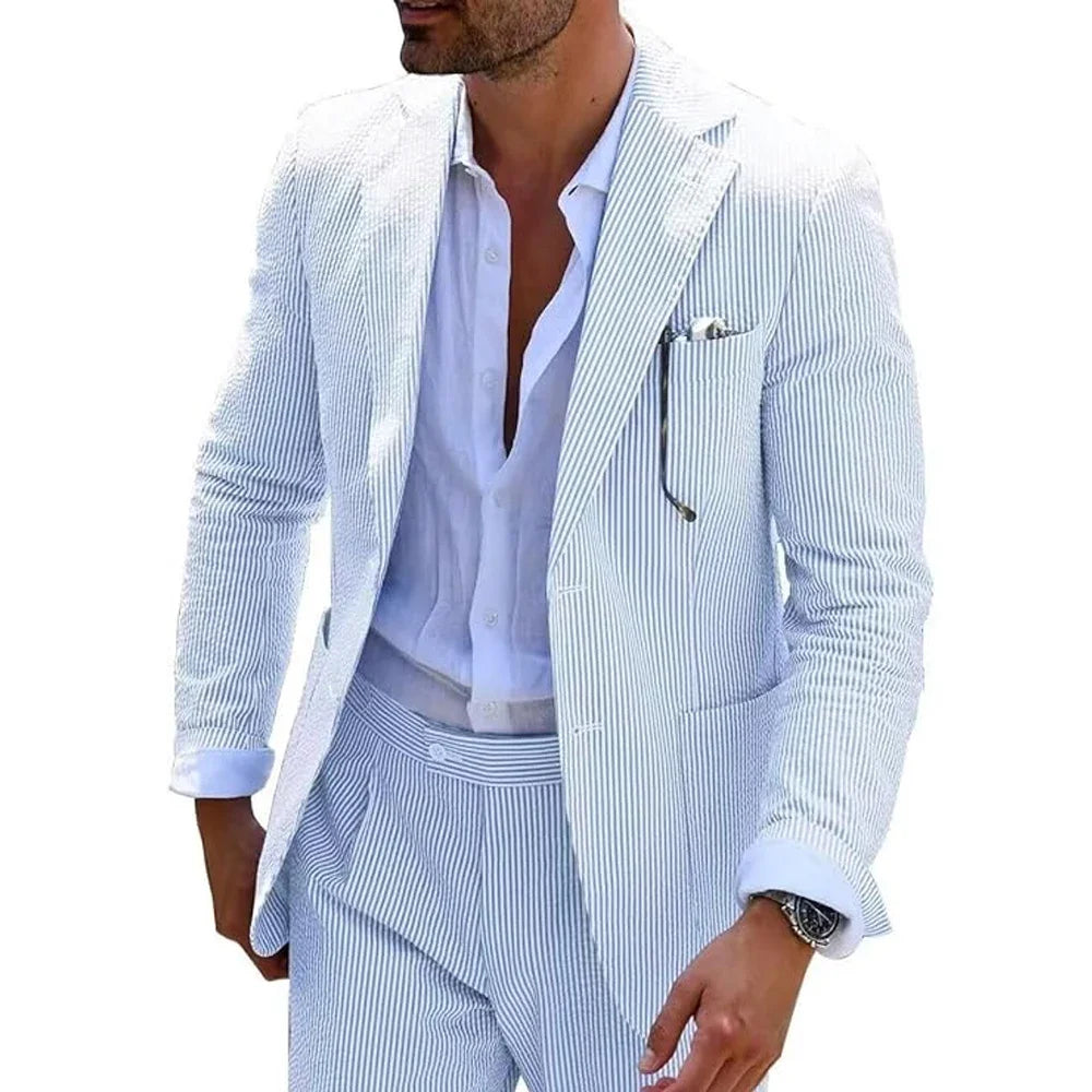 Summer Stripe Men Suits 2 Pieces Seersucker Notched Lapel Wedding Party Suit Jacket Pants Casual Blazer Slim Fit Suits for Men