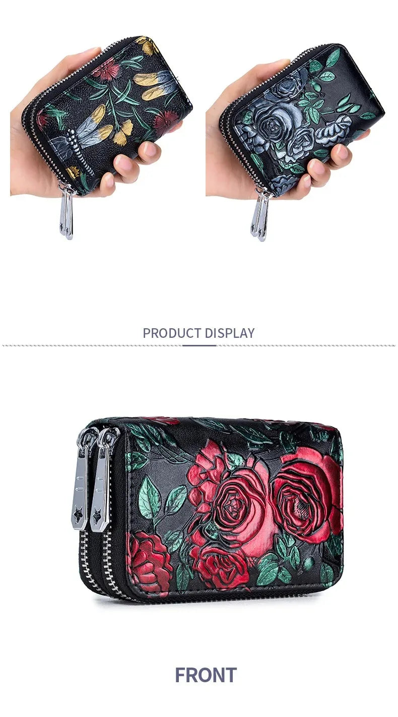 RFID Blocking Women Card Holder Split Leather Double Zipper Card Case Large Capacity Flower Printed Lady Women Wallets Purse