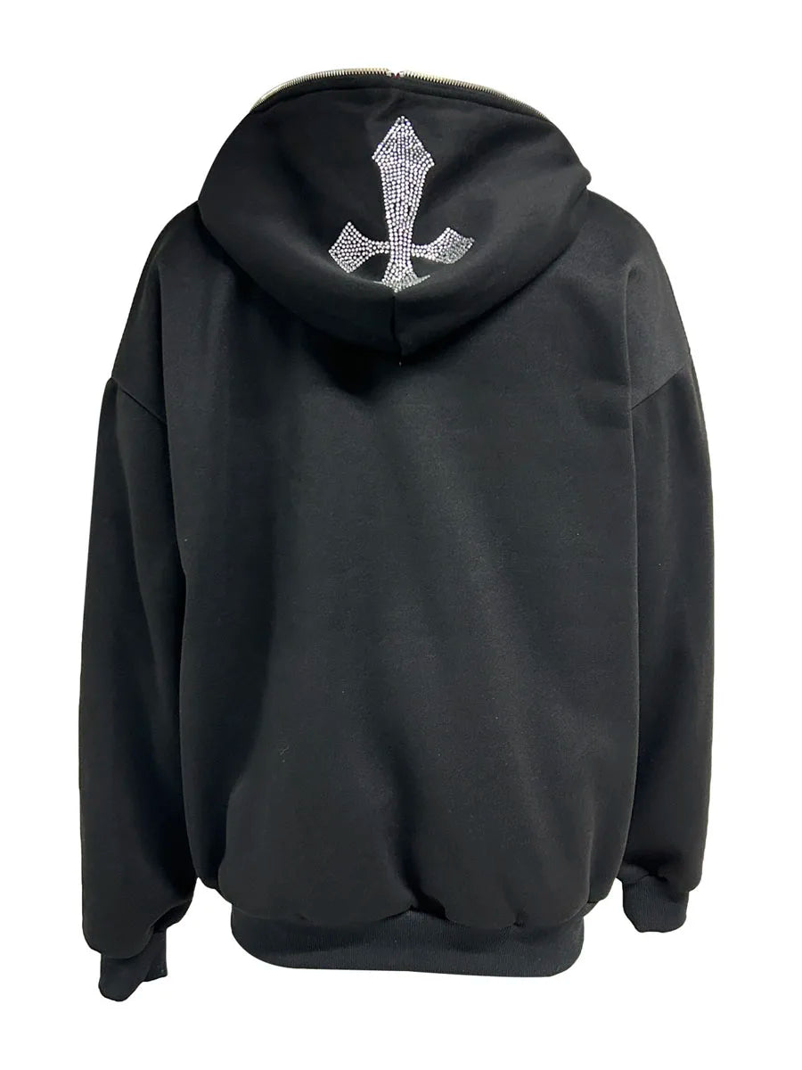 Men Women Hoodie Long Sleeve Hot Fix Drill Zipper Closure Sweatshirt Jacket with Pockets