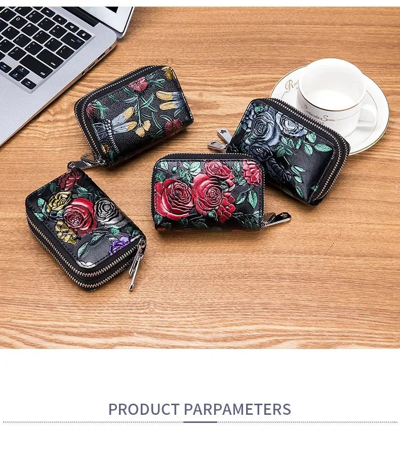 RFID Blocking Women Card Holder Split Leather Double Zipper Card Case Large Capacity Flower Printed Lady Women Wallets Purse