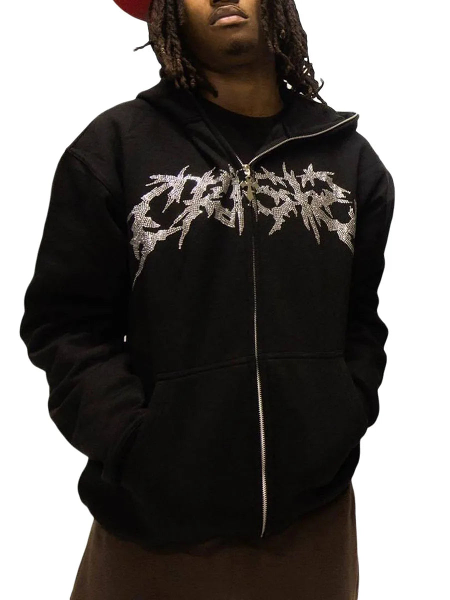 Men Women Hoodie Long Sleeve Hot Fix Drill Zipper Closure Sweatshirt Jacket with Pockets