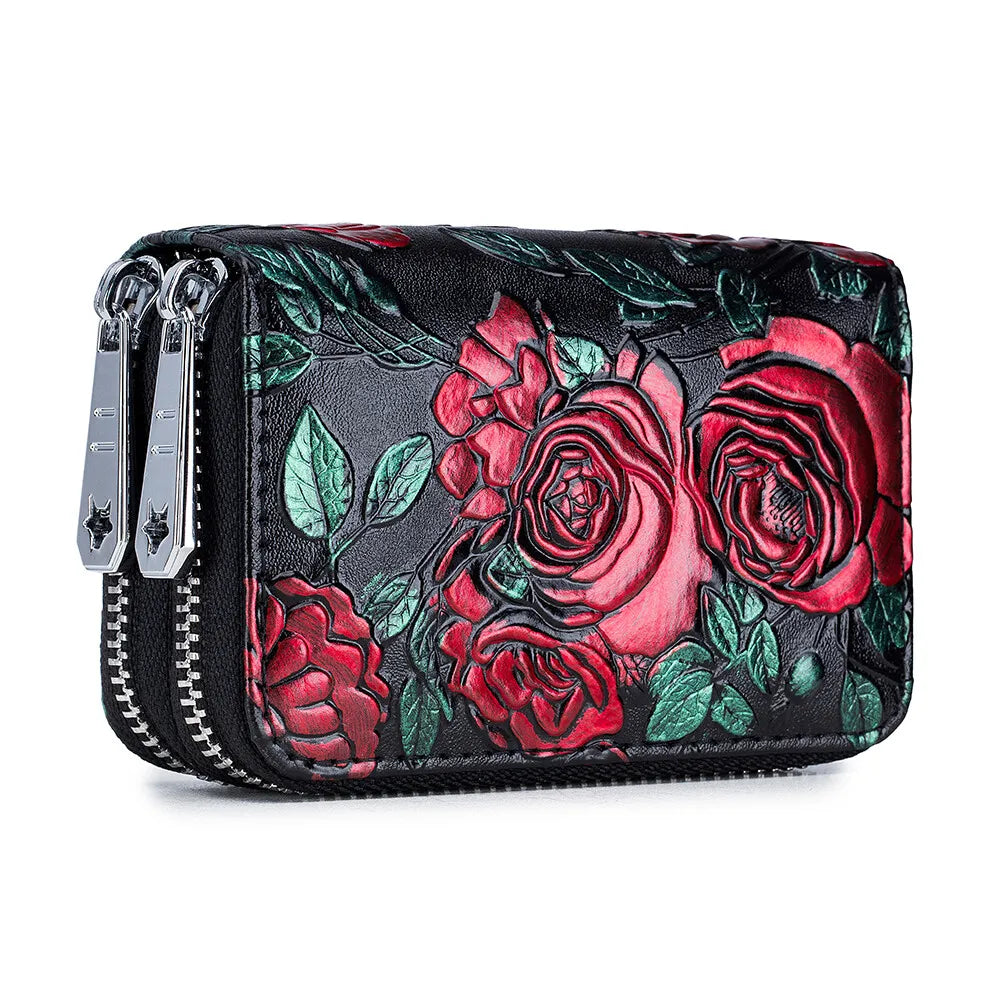 RFID Blocking Women Card Holder Split Leather Double Zipper Card Case Large Capacity Flower Printed Lady Women Wallets Purse