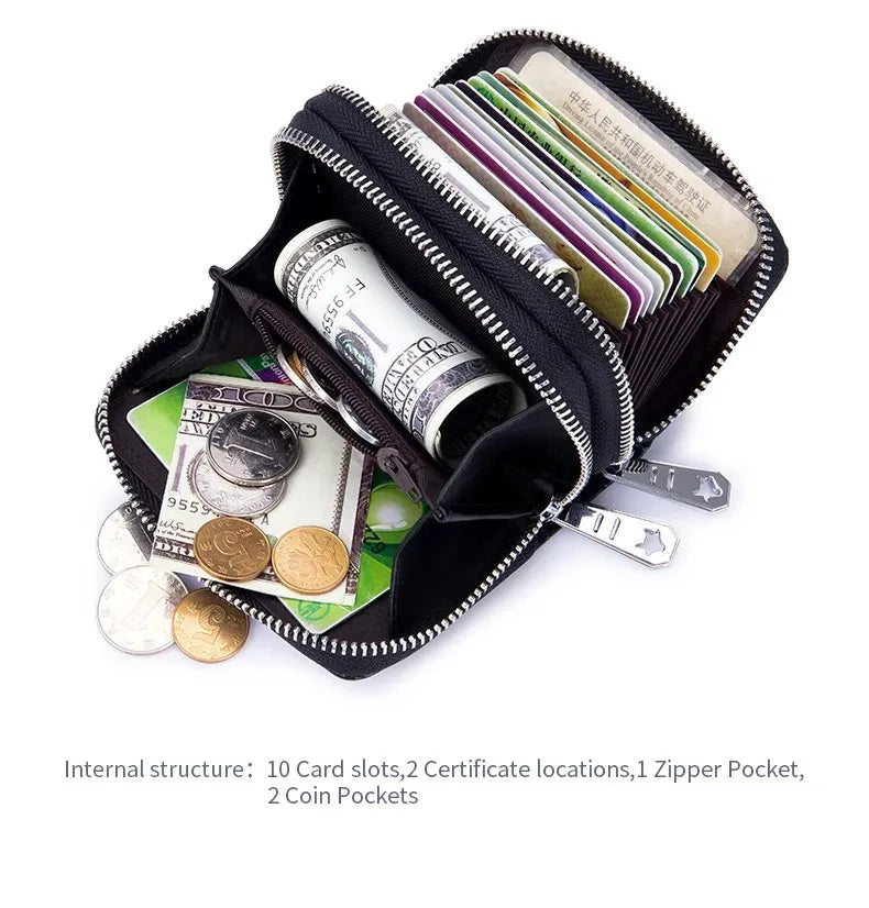 RFID Blocking Women Card Holder Split Leather Double Zipper Card Case Large Capacity Flower Printed Lady Women Wallets Purse