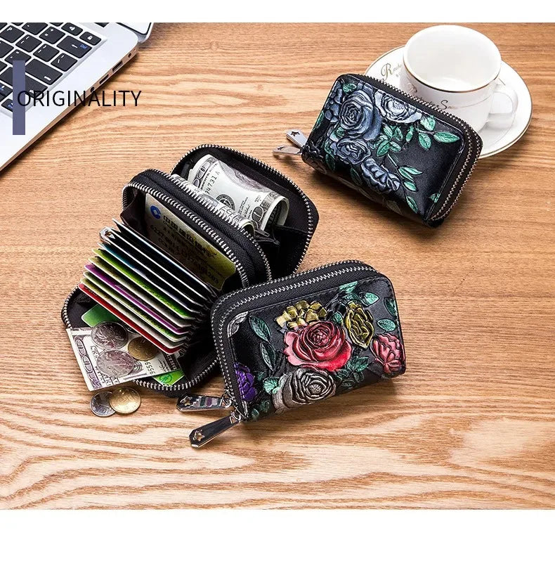 RFID Blocking Women Card Holder Split Leather Double Zipper Card Case Large Capacity Flower Printed Lady Women Wallets Purse
