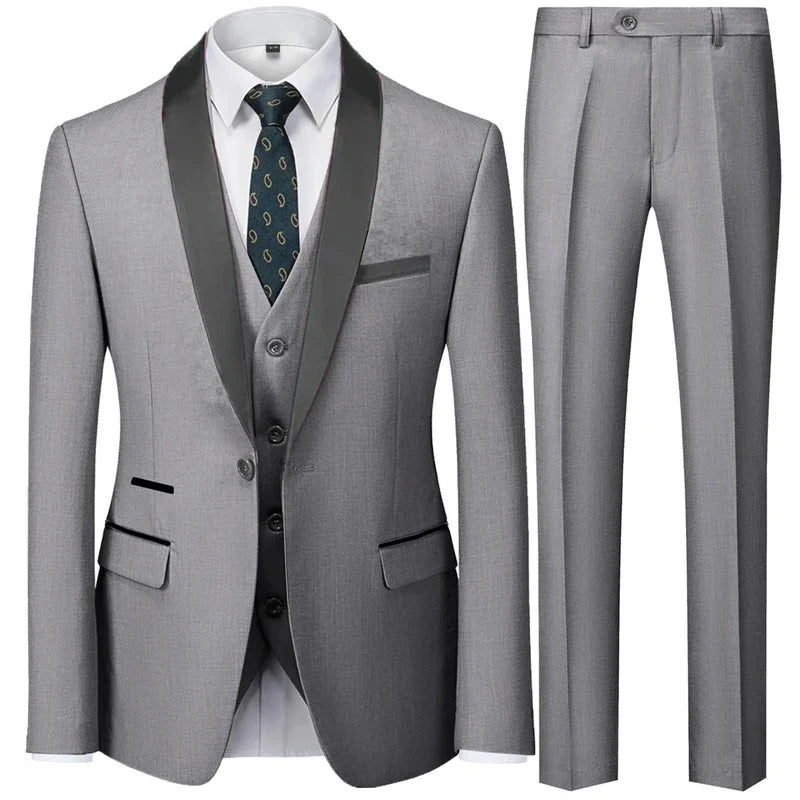 3 PiecesMen Mariage Color Block Collar Suits Jacket Trousers Waistcoat Male Business Casual Wedding Blazers Coat Vest Pants  Set