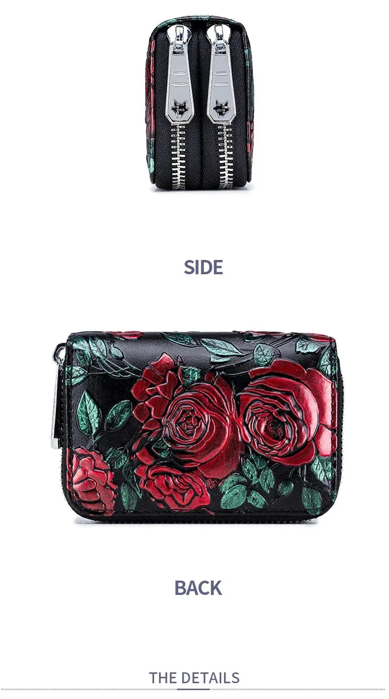 RFID Blocking Women Card Holder Split Leather Double Zipper Card Case Large Capacity Flower Printed Lady Women Wallets Purse