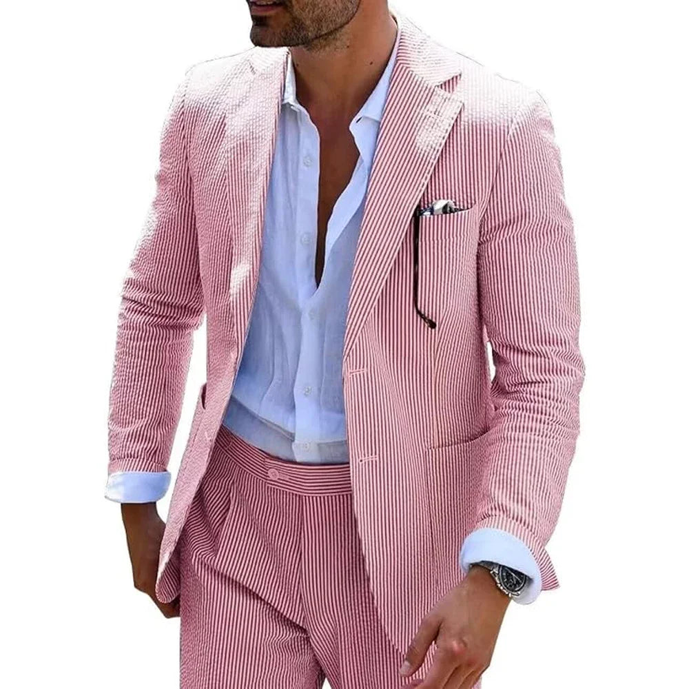 Summer Stripe Men Suits 2 Pieces Seersucker Notched Lapel Wedding Party Suit Jacket Pants Casual Blazer Slim Fit Suits for Men
