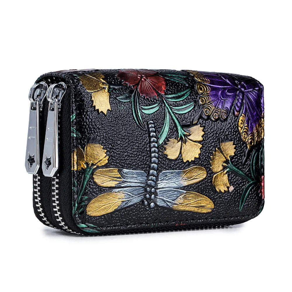 RFID Blocking Women Card Holder Split Leather Double Zipper Card Case Large Capacity Flower Printed Lady Women Wallets Purse