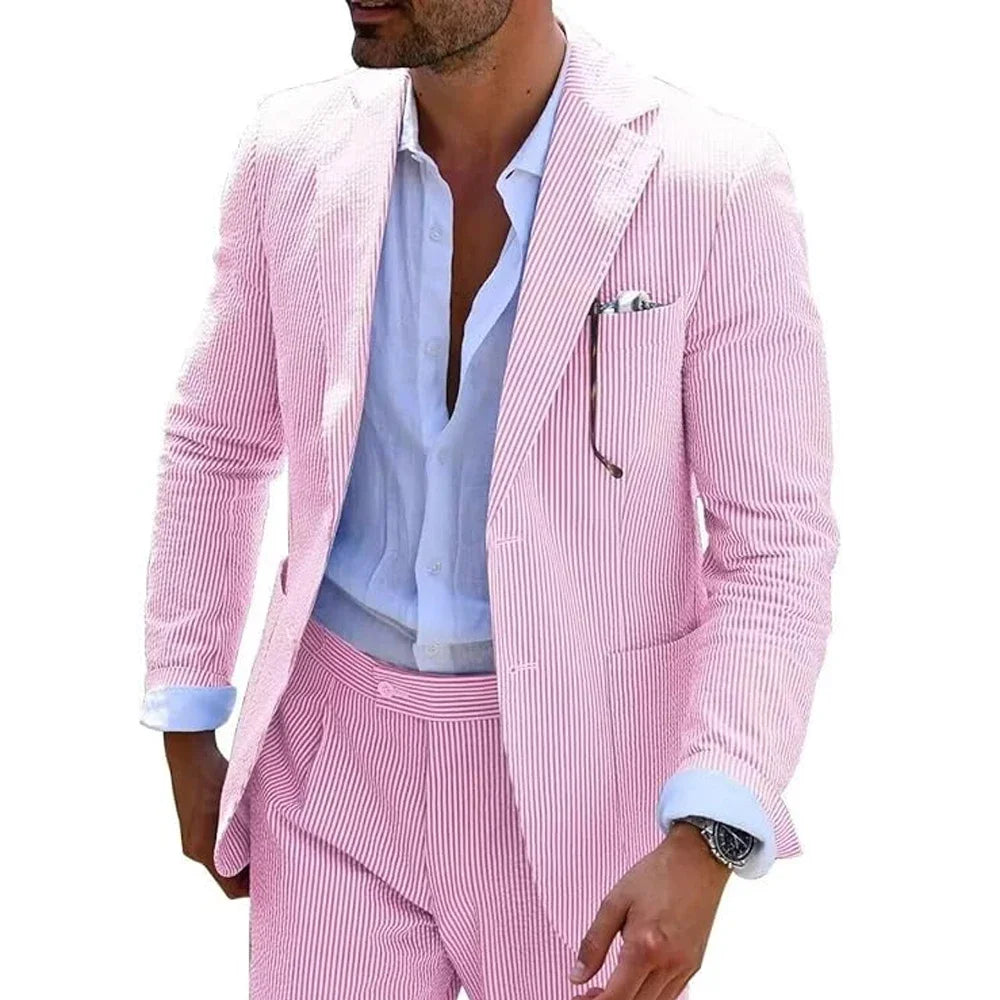 Summer Stripe Men Suits 2 Pieces Seersucker Notched Lapel Wedding Party Suit Jacket Pants Casual Blazer Slim Fit Suits for Men