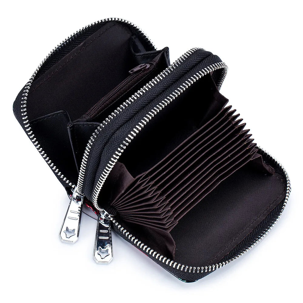 RFID Blocking Women Card Holder Split Leather Double Zipper Card Case Large Capacity Flower Printed Lady Women Wallets Purse