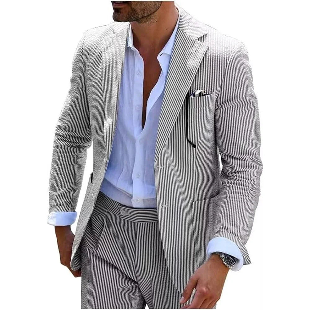 Summer Stripe Men Suits 2 Pieces Seersucker Notched Lapel Wedding Party Suit Jacket Pants Casual Blazer Slim Fit Suits for Men
