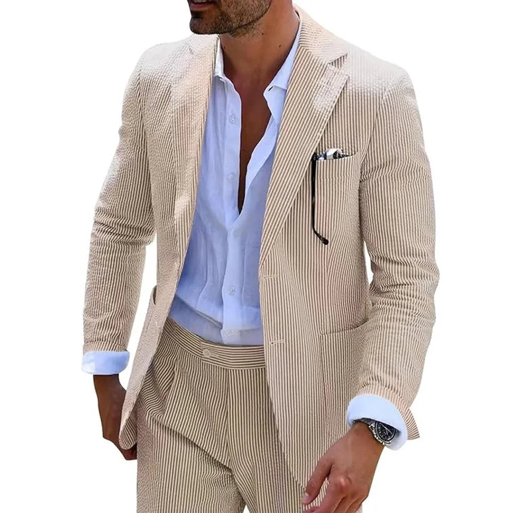 Summer Stripe Men Suits 2 Pieces Seersucker Notched Lapel Wedding Party Suit Jacket Pants Casual Blazer Slim Fit Suits for Men